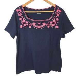 Talbots Large Navy Blue Pink Floral Embroidered Square Neck Cotton T-Shirt